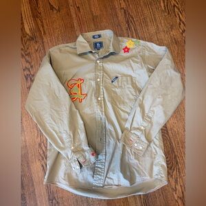 LRG Men's Casual Button Down Shirt - Tan with Red and Yellow Accents XL